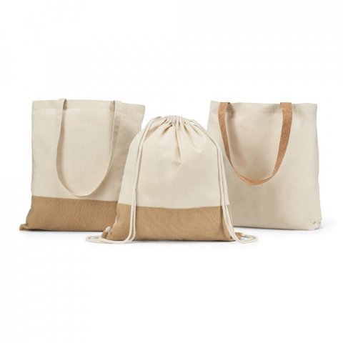MERCAT. Sacola 100% algod&atilde;o (160 g/m&sup2;) com detalhes em imita&ccedil;&atilde;o de juta