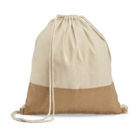 SABLON. Sacola tipo mochila 100% algod&atilde;o (160 g/m&sup2;) com detalhe em imita&ccedil;&atilde;o de juta - Natural