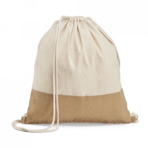 SABLON. Sacola tipo mochila 100% algod&atilde;o (160 g/m&sup2;) com detalhe em imita&ccedil;&atilde;o de juta - Natural