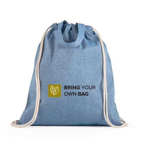 RISSANI. Sacola tipo mochila em 70% algod&atilde;o reciclado e 30% poli&eacute;ster reciclado (140g/m&sup2;) sem tingimento - Azul