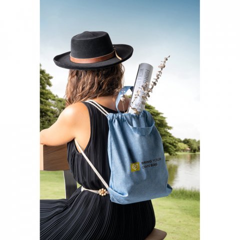 RISSANI. Sacola tipo mochila em 70% algod&atilde;o reciclado e 30% poli&eacute;ster reciclado (140g/m&sup2;) sem tingimento