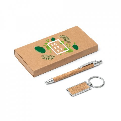 LAVRE. Kit caneta caneta esferogr&aacute;fica e chaveiro em metal com acabamento em corti&ccedil;a - Natural