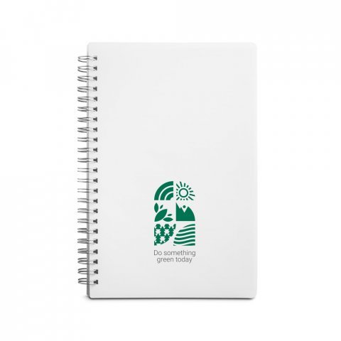COBEN. Caderno A5 de capa flex&iacute;vel em PP, com tratamento antibacteriano e p&aacute;ginas pautadas recicladas - Branco
