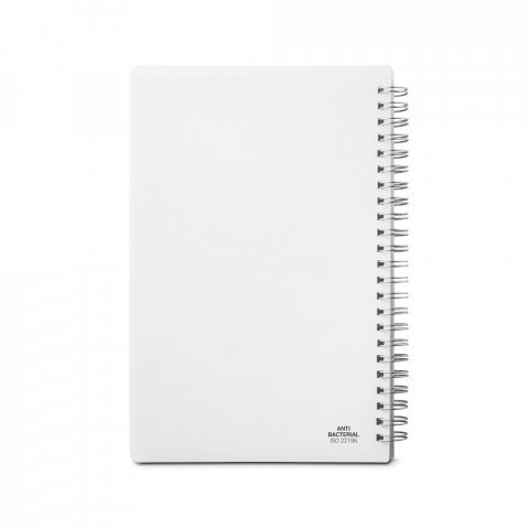 COBEN. Caderno A5 de capa flex&iacute;vel em PP, com tratamento antibacteriano e p&aacute;ginas pautadas recicladas - Branco