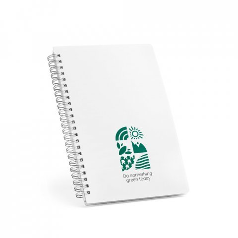 COBEN. Caderno A5 de capa flex&iacute;vel em PP, com tratamento antibacteriano e p&aacute;ginas pautadas recicladas - Branco