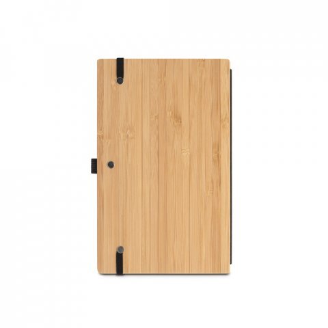 BUARQUE A5. Caderno A5 de capa e contracapa em placa de bambu e lombada em PET 100% reciclado, com p&aacute;ginas pautadas recicladas - Preto