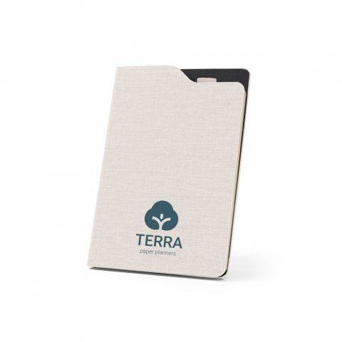 LOBATO. Caderno A5 de capa dura em tecido PET 100% reciclado, com p&aacute;ginas pautadas recicladas - Bege