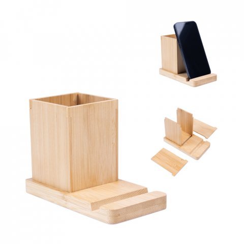 ERWIN. Conjunto de secret&aacute;ria com suporte para celular e copo, em bambu