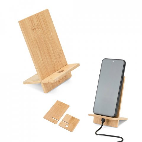 GALEN. Suporte para celular em bambu, desmont&aacute;vel em duas partes