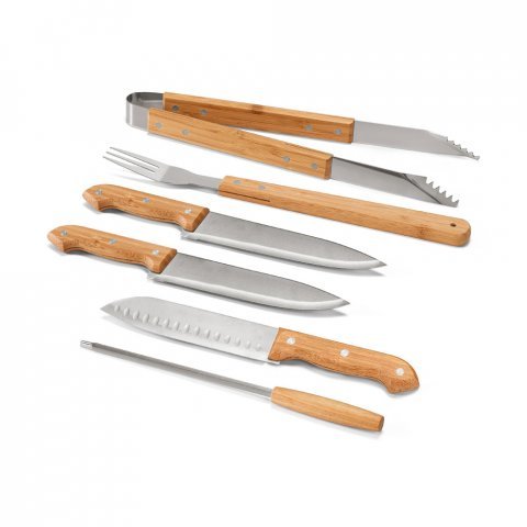 BOTTURA. Kit churrasco em estojo de bambu com 6 pe&ccedil;as em a&ccedil;o inox e bambu - Natural