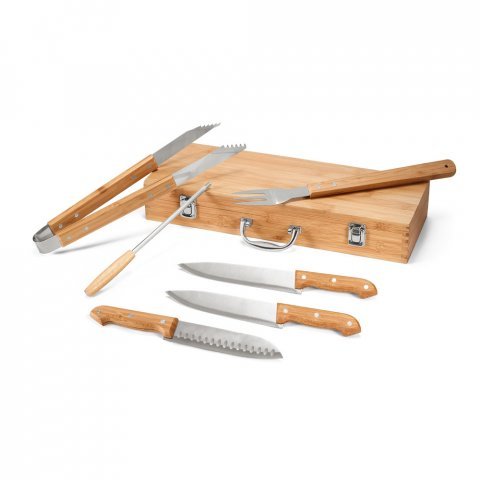 BOTTURA. Kit churrasco em estojo de bambu com 6 pe&ccedil;as em a&ccedil;o inox e bambu - Natural