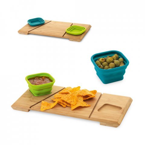 PAPRIKA. Base de mesa em bambu com 2 potes retr&aacute;teis em silicone