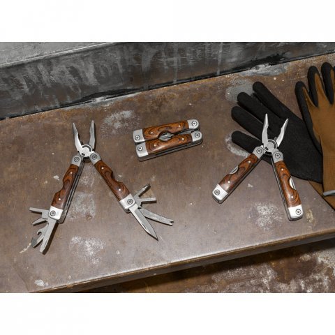 MAGNUM. Alicate dobr&aacute;vel com 20 ferramentas multifun&ccedil;&otilde;es em a&ccedil;o inox e madeira