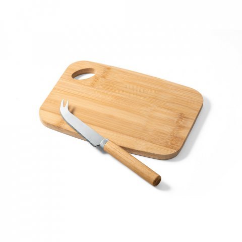CAPPERO. Conjunto de t&aacute;bua de corte e pequena faca de queijo em bambu - Natural