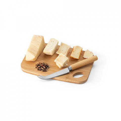 CAPPERO. Conjunto de t&aacute;bua de corte e pequena faca de queijo em bambu - Natural