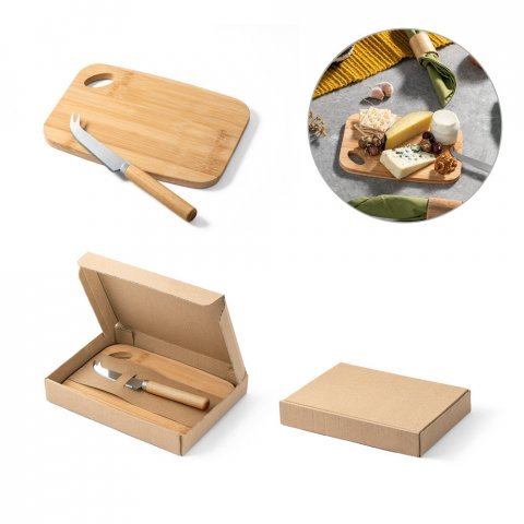CAPPERO. Conjunto de t&aacute;bua de corte e pequena faca de queijo em bambu