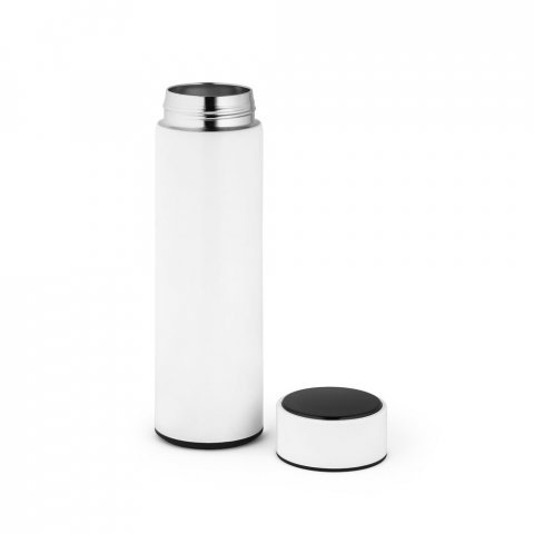 ROSSI. Garrafa em a&ccedil;o inox de parede dupla t&eacute;rmica, isolada a v&aacute;cuo com term&ocirc;metro digital (450 mL) - Branco