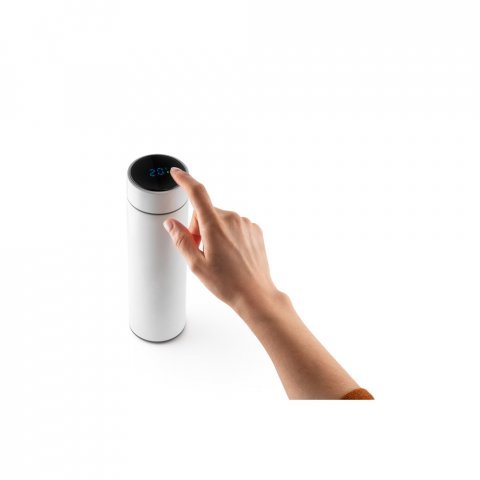 ROSSI. Garrafa em a&ccedil;o inox de parede dupla t&eacute;rmica, isolada a v&aacute;cuo com term&ocirc;metro digital (450 mL) - Branco
