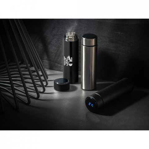 ROSSI. Garrafa em a&ccedil;o inox de parede dupla t&eacute;rmica, isolada a v&aacute;cuo com term&ocirc;metro digital (450 mL)