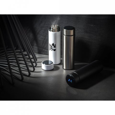 ROSSI. Garrafa em a&ccedil;o inox de parede dupla t&eacute;rmica, isolada a v&aacute;cuo com term&ocirc;metro digital (450 mL)