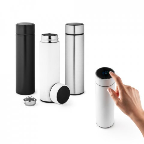 ROSSI. Garrafa em a&ccedil;o inox de parede dupla t&eacute;rmica, isolada a v&aacute;cuo com term&ocirc;metro digital (450 mL)