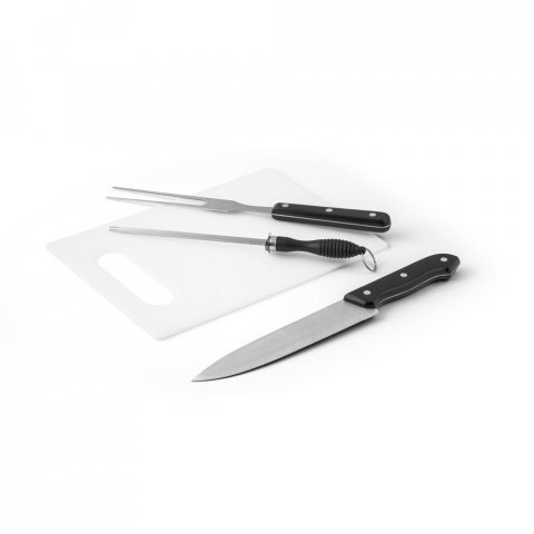 RAVIOLI. Kit churrasco em estojo em 210D com pe&ccedil;as em a&ccedil;o inox e PP - Branco