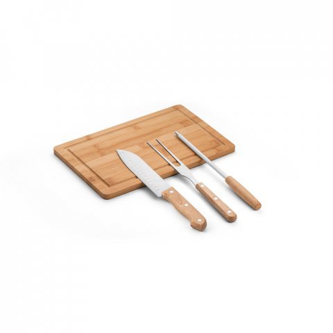 MOUSSAKA. Kit churrasco em estojo de 210D com t&aacute;bua em bambu e 3 utens&iacute;lios em a&ccedil;o inox e madeira de Seringueira - Preto