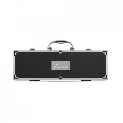 VALASTRO. Kit churrasco em estojo de alum&iacute;nio com 5 utens&iacute;lios em a&ccedil;o inox e alum&iacute;nio - Preto
