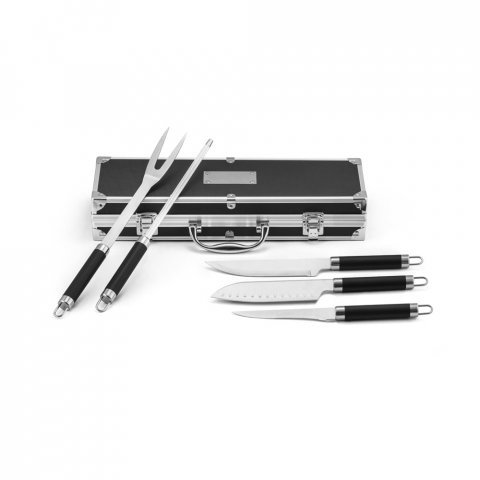 VALASTRO. Kit churrasco em estojo de alum&iacute;nio com 5 utens&iacute;lios em a&ccedil;o inox e alum&iacute;nio - Preto