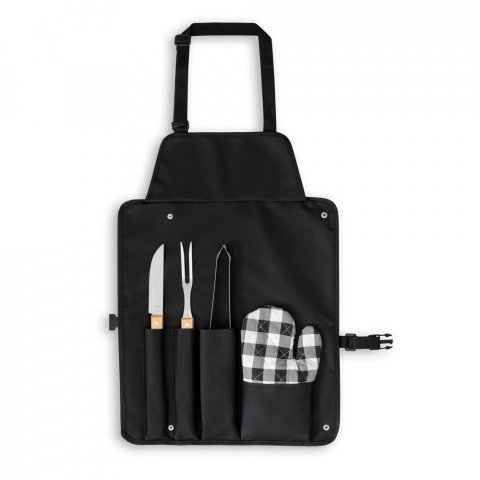 CHAMP. Kit churrasco com 3 utens&iacute;lios em a&ccedil;o inox e madeira de Seringueira e luva - Preto