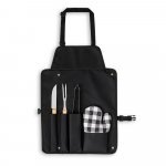 CHAMP. Kit churrasco com 3 utens&iacute;lios em a&ccedil;o inox e madeira de Seringueira e luva - Preto