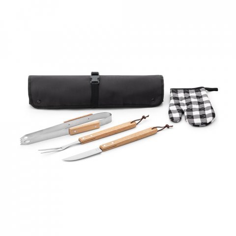 CHAMP. Kit churrasco com 3 utens&iacute;lios em a&ccedil;o inox e madeira de Seringueira e luva - Preto