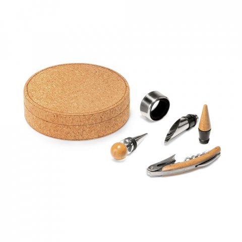 MORETO. Conjunto para vinho com 4 pe&ccedil;as em bambu, inox e ABS - Natural