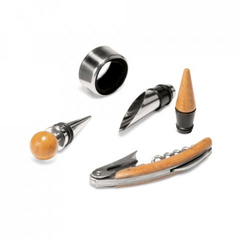 MORETO. Conjunto para vinho com 4 pe&ccedil;as em bambu, inox e ABS - Natural