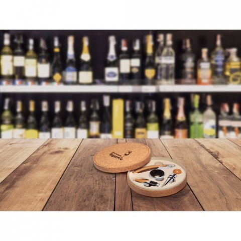 MORETO. Conjunto para vinho com 4 pe&ccedil;as em bambu, inox e ABS