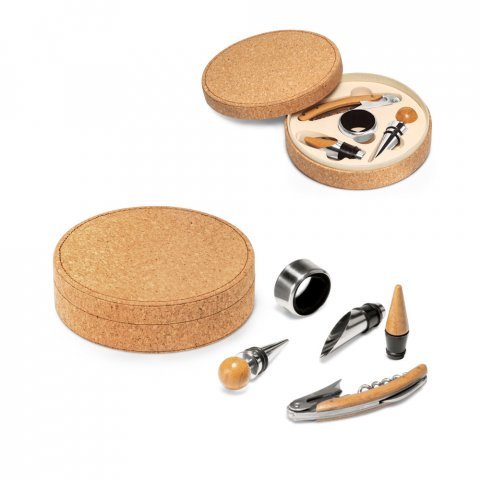 MORETO. Conjunto para vinho com 4 pe&ccedil;as em bambu, inox e ABS