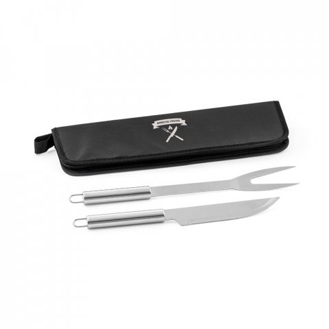 DURAND. Kit churrasco em estojo de 210D com 2 utens&iacute;lios em a&ccedil;o inox - Preto