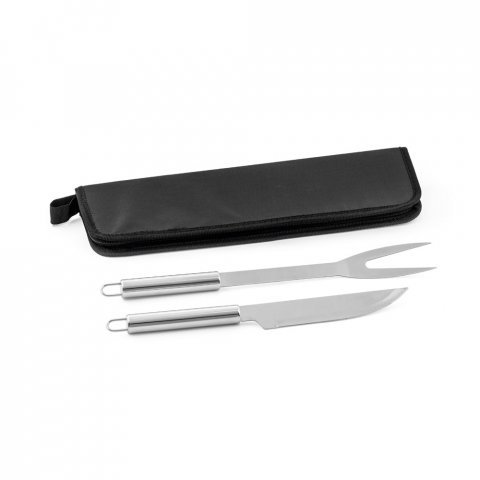 DURAND. Kit churrasco em estojo de 210D com 2 utens&iacute;lios em a&ccedil;o inox - Preto