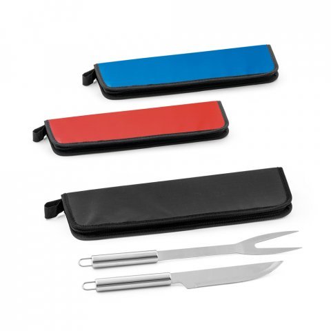 DURAND. Kit churrasco em estojo de 210D com 2 utens&iacute;lios em a&ccedil;o inox