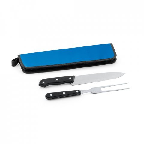 JULLEMIER. Kit churrasco em estojo de 210D com 2 utens&iacute;lios em a&ccedil;o inox e PP - Azul
