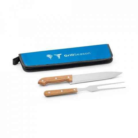 CUBAT. Kit churrasco em estojo de 210D com 2 utens&iacute;lios em a&ccedil;o inox e madeira Seringueira - Azul