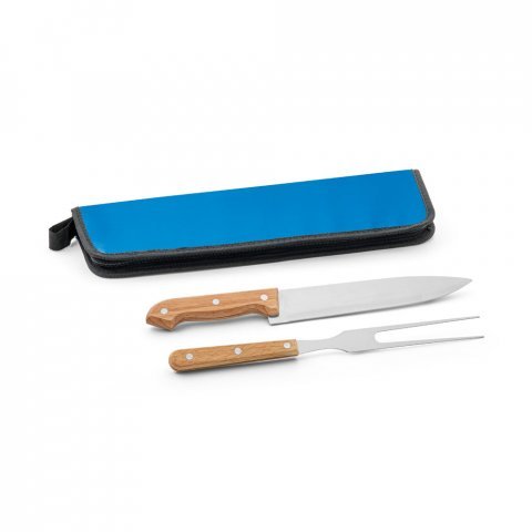 CUBAT. Kit churrasco em estojo de 210D com 2 utens&iacute;lios em a&ccedil;o inox e madeira Seringueira - Azul