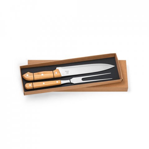 ALIOLI. Kit churrasco em caixa kraft com 2 utens&iacute;lios em a&ccedil;o inox e bambu - Natural