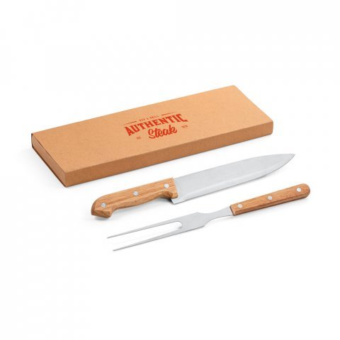 ALIOLI. Kit churrasco em caixa kraft com 2 utens&iacute;lios em a&ccedil;o inox e bambu - Natural
