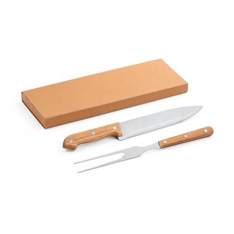 ALIOLI. Kit churrasco em caixa kraft com 2 utens&iacute;lios em a&ccedil;o inox e bambu - Natural