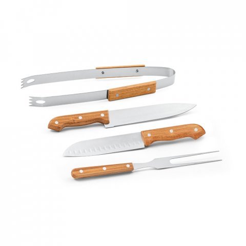 ALIOLI KING. Kit churrasco em caixa kraft com 4 pe&ccedil;as em a&ccedil;o inox e bambu