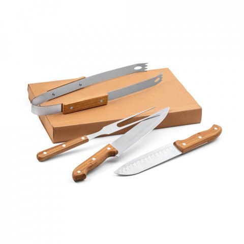 ALIOLI KING. Kit churrasco em caixa kraft com 4 pe&ccedil;as em a&ccedil;o inox e bambu - Natural