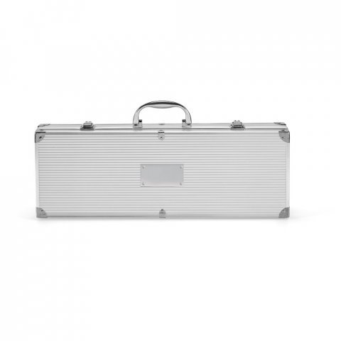 ANNATTO. Kit churrasco em estojo de alum&iacute;nio com 4 utens&iacute;lios em a&ccedil;o inox - Cromado satinado