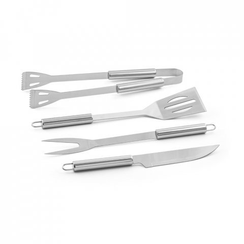 ANNATTO. Kit churrasco em estojo de alum&iacute;nio com 4 utens&iacute;lios em a&ccedil;o inox - Cromado satinado