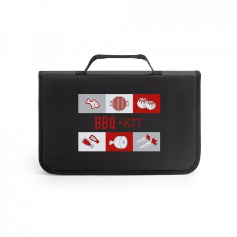 GARLIC KING. Kit churrasco em estojo de 210D com t&aacute;bua em bambu e 5 utens&iacute;lios em a&ccedil;o inox e madeira de Seringueira - Preto